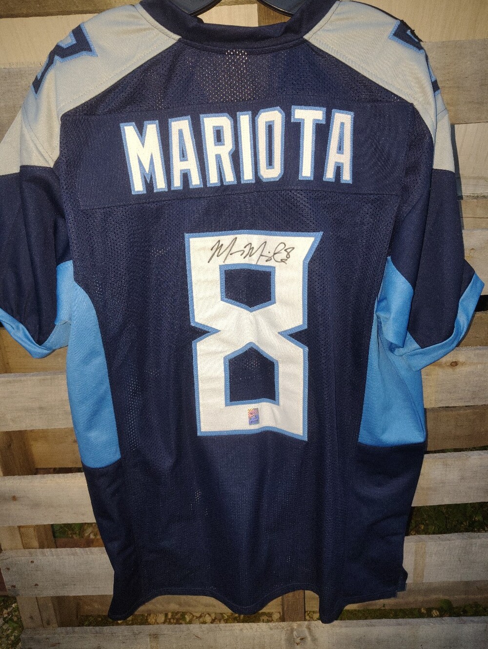 Navy Blue Football Jersey with Light Blue Accents and Number 8